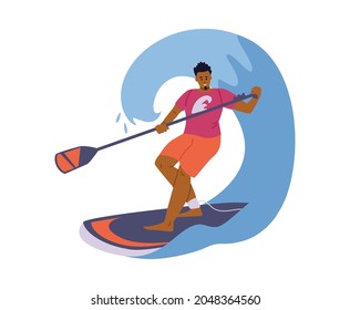 Young sport man float on paddle board in twirl of blue waves of sea, ocean or lake. Male person enjoy of sup surfing - extreme water sport. Flat vector isolated illustration.