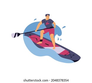 Young sport man float on paddle board in blue waves of sea, ocean or lake. Male person enjoy of sup surfing - extreme water sport. Flat cartoon vector isolated illustration.