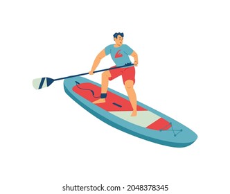 Young sport man with paddle do board exercises. Male person engaged of extreme sup surf. Summer activity on water at sea or ocean. Flat cartoon vector isolated illustration.