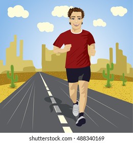 young sport man running on asphalt road in desert