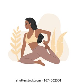 Young sport wearing girl doing yoga exercises, sitting in asana poses. Healthy habits lifestyle. Vector flat cartoon illustration, isolated on white background.