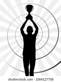 Young sport winner holding a winning trophy. Black and white retro style illustration. 