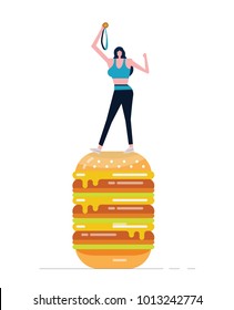 Young sport woman holding gold medal  standing on big burger. Exercise and junk food concept. flat design. vector illustration