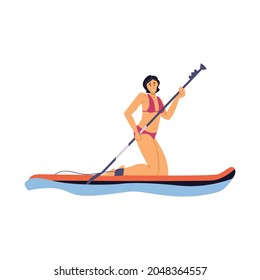 Young sport woman in swimsuit is kneeling on paddle board. Girl engaged of sup surf on water at sea or ocean at summer vacation. Flat cartoon vector isolated illustration