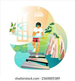 Young sporting male in VR glasses running above sea. Training in VR glasses. People in virtual reality concept. Flat vector illustration in cartoon style in blue and green colors