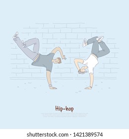 Young sportive dancers, teenagers dancing breakdance, stylish acrobatic performance, street hip hop banner