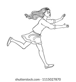Young sportive girl in dress, running looking back. Beautiful female character, redhead woman runaway with afraid face. Isolated monochrome vector illustration in sketch style