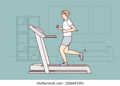 Young sportive man in sportswear running on racetrack at home. Toned motivated male do sports training indoors. Physical activity. Vector illustration. 