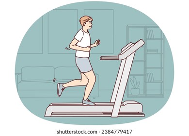 Young sportive man in sportswear running on racetrack at home. Toned motivated male do sports training indoors. Physical activity. Vector illustration.