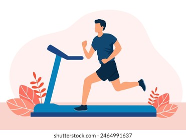 Young sportive man in sportswear running on racetrack at home. Motivated male do sports training indoors. Physical activity.