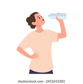 Young sportive woman isolated cartoon character drinking water from plastic bottle feeling wellbeing