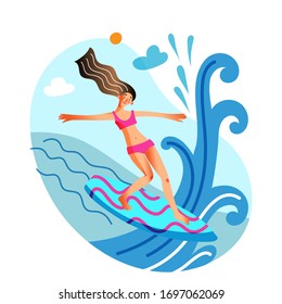 Young sportive woman surfing enjoy riding in big sea or ocean wave. Girl on surfboard. Surfer people character. Summer vacation active rest. Extreme water sport training. Vector illustration