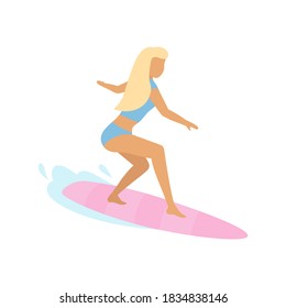 Young sportive woman surfing enjoy riding in big sea or ocean wave. Blonde girl in a blue swimsuit on a surfboard. Summer holidays. Extreme sports. Isolated vector illustration