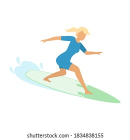 Young sportive woman surfing enjoy riding in big sea or ocean wave. Blonde girl in a blue suit on a surfboard. Summer holidays. Extreme sports. Isolated vector illustration