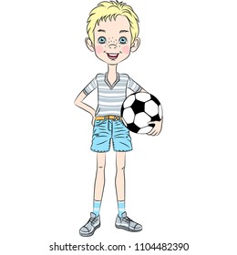 Young sports boy with soccer ball on the white background