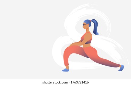 
Young sports girl does exercise on a background of abstract waves. Doing sports at home, lunge, yoga. Healthy lifestyle concept.