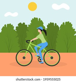 Young sports girl rides a bicycle in the city park. The concept of outdoor activities in the city. Cyclists travel, sports Life. Flat cartoon colorful vector illustration.