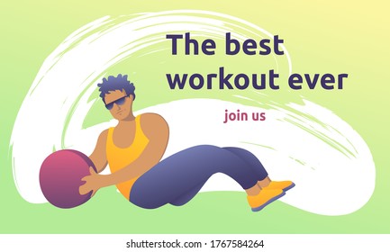 Young sports guy in sunglasses does a twisting exercise while sitting on the floor with a ball. People go in for sports, a concept of a healthy lifestyle.
