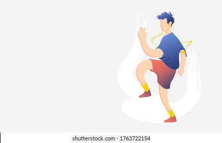 Young sports guy is working out on a light background. A man in shorts goes in for sports. The concept of a healthy lifestyle in motion.