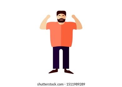 
Young sports man with a beard and mustache in flat style. Vector. Pink t-shirt and blue pants. Character illustration.