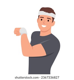 Young sports man expressing a concept wearing headband and wrist. Flat vector illustration isolated on white background