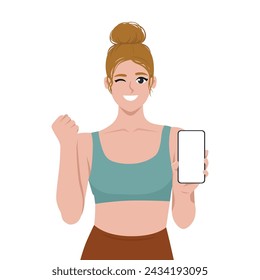 Young sports woman holding mobile phone with blank screen and doing winner gesture. Flat Vector Illustration Isolated on White Background