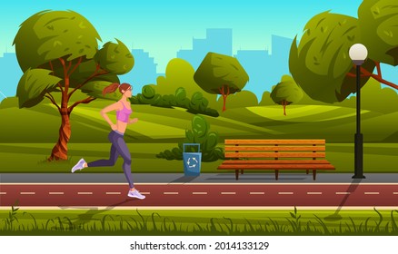 Young sports woman run in city park. Sporty healthy lifestyle. Young girl jogging at morning in city park, outdoor sports activity. Fit female character exercising in urban garden. Vector illustration