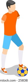 Young sportsman with amputated arms, dressed in an orange t shirt, blue shorts, white socks, and orange sneakers, skillfully playing soccer using his foot on the field