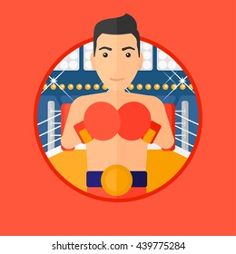 Young sportsman in boxing gloves. Professional male boxer standing in the boxing ring. Vector flat design illustration in the circle isolated on background.