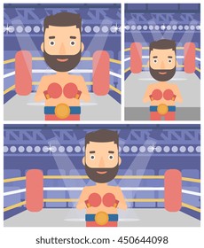 Young sportsman in boxing gloves. Professional male boxer standing in the boxing ring. Vector flat design illustration. Square, horizontal, vertical layouts.