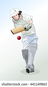 Young sportsman. Boy playing cricket. The popular team game. The player hits the ball bat. Vector.