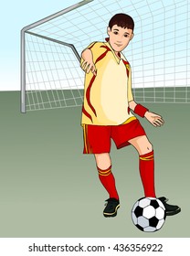Young sportsman. Boy playing football. To score a goal against. Sports wear. Coaching in a team game. Vector.