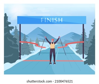 Young sportsman finishing the competition track. Cross country skier on the finish, winner of the race. Winter extreme sport activities. Flat vector illustration