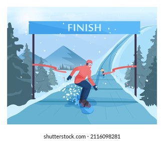 Young sportsman finishing the competition track. Race snowboarder on the finish, winner of the race. Winter extreme sport activities. Flat vector illustration