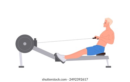 Young sportsman isolated cartoon character doing cardio fitness exercise using rowing machine