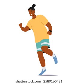 Young sportsman jogging enjoying everyday training routine vector illustration. Male athlete cartoon character practicing running sport activity and cardio workout isolated on white background