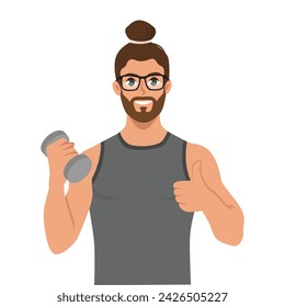 Young sportsman lifting dumbbell, showing thumbs up. Flat vector illustration isolated on white background