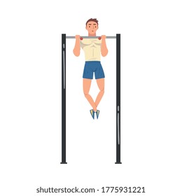 Young Sportsman Making Pull-ups in Gym Vector Illustration