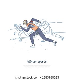 Young sportsman on ice track, professional skaters racing for championship, people on rink, speed skating banner