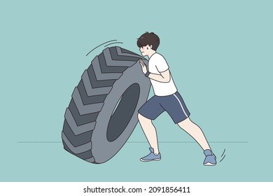 Los jóvenes deportistas con neumático hacen ejercicio en gimnasia. Un hombre fuerte con tacones haciendo tren deportivo con neumático al aire libre. Travesía y levantamiento de pesas. Concepto de estilo de vida saludable. Ilustración vectorial plana. 