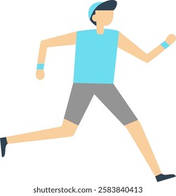 Young sportsman is running fast wearing a light blue t shirt, gray shorts, black shoes and a light blue cap, training for marathon or doing jogging for wellbeing