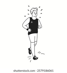 Young sportsman in shorts runs in morning outdoor linear icon. Man enjoys workout improving endurance doodle character doodle thin line illustration