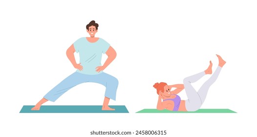 Young sportsman and sportswoman cartoon characters practicing pilates exercises isolated on white