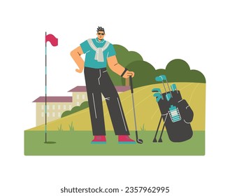 Young sportsman stand with golf equipment, bag with clubs. Flag with hole on the lawn, golf course. Sport leisure activity, outdoor hobby on natural landscape with buildings vector illustration