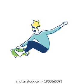 Young sportsman star head character playing skateboard. Skateboarder use surfskate doing skateboard trick cutback. Vector illustration for graphic design or surf skate content background