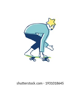 Young sportsman star head character playing skateboard. Skateboarder use surfskate doing skateboard trick bent and hold board. Vector illustration for graphic design or surf skate content background
