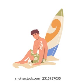 Young sportsman surfer cartoon character applying sunscreen before swimming on surfboard in sea