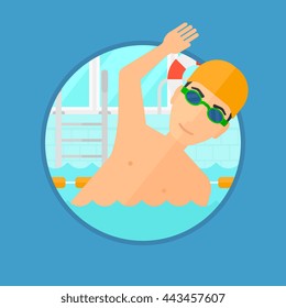 Young sportsman wearing cap and glasses swimming in pool. Professional male swimmer in swimming pool. Vector flat design illustration in the circle isolated on background.