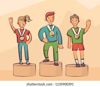 Young sportsmen on pedestal. Cartoon style vector illustration, simply editable set