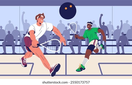 Jovens atletas jogando squash match. Jogador de tênis chega com raquete para jogar bola. As pessoas jogam com raquetes no campeonato. Competição esportiva, torneio na quadra. Ilustração de vetor plano